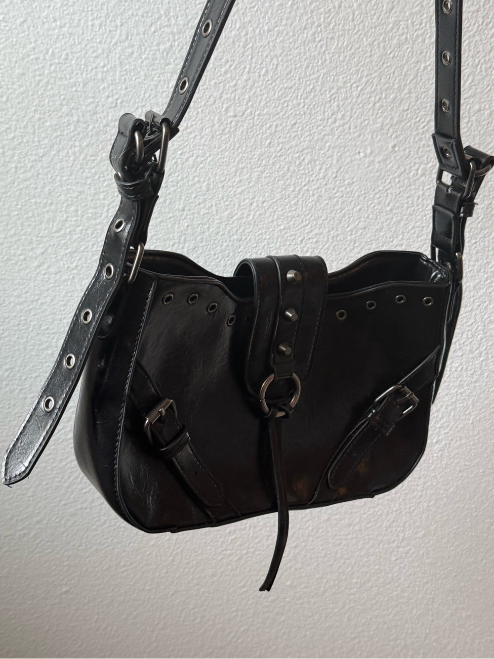 Black Leather Grommet-Accent Shoulder Bag Steve Madden